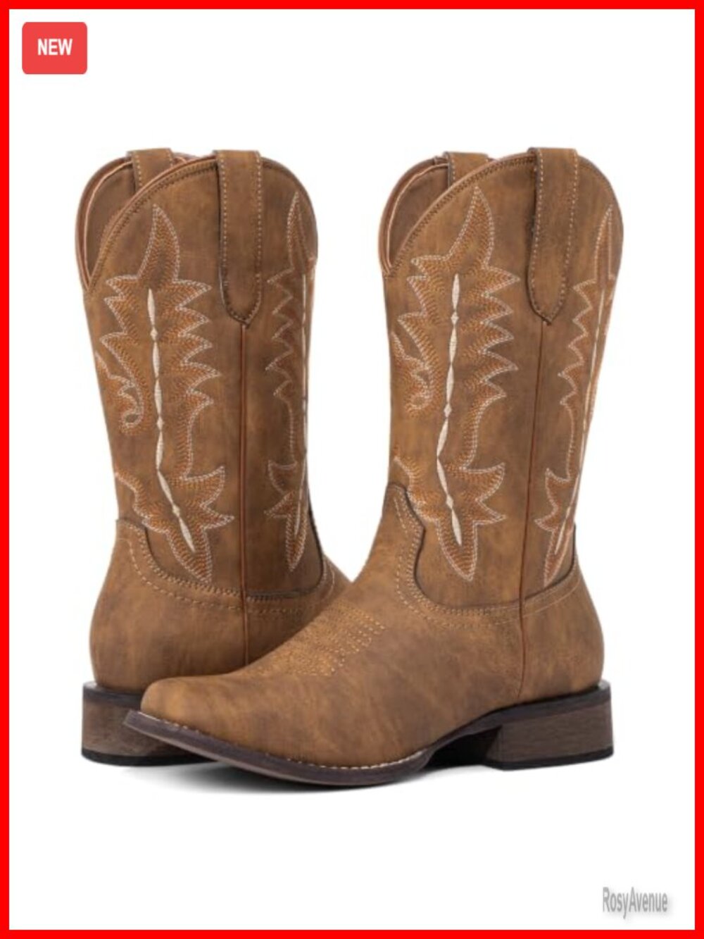 Square Toe Cowboy Boots Mid-Calf Block Heel Faux Leather Western